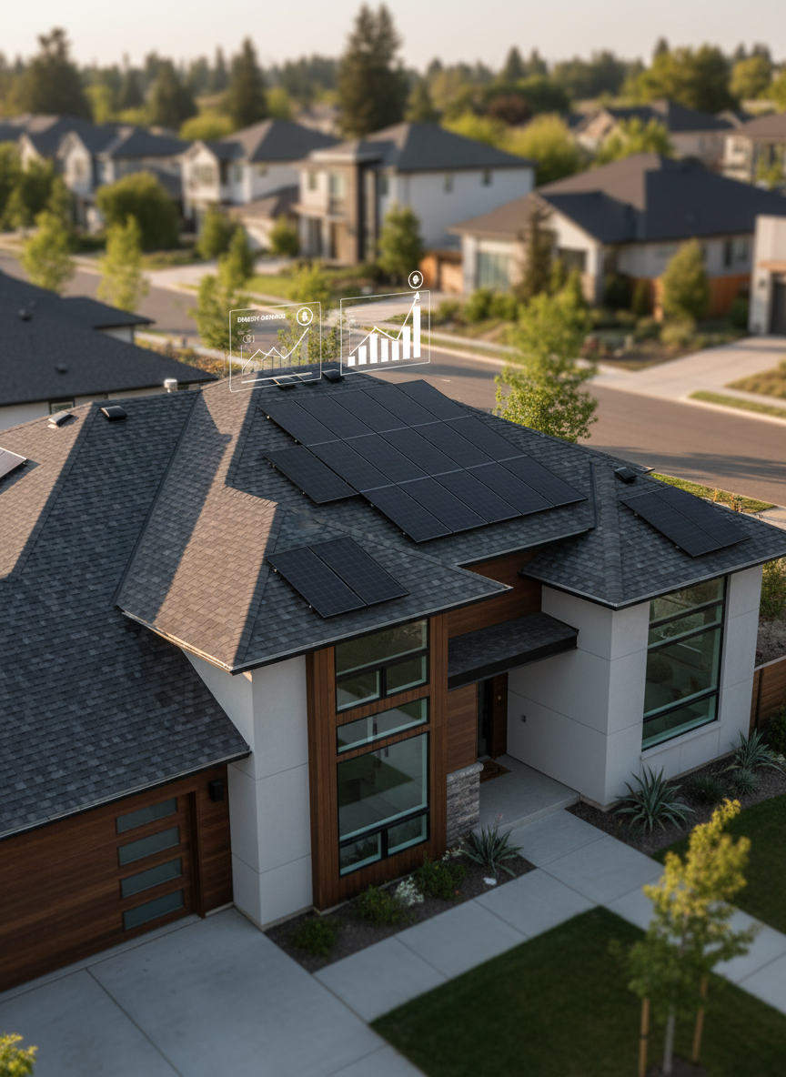 A modern suburban home with a dark gray shingle roof seen from a slightly elevated, three-quarter angle, its south-facing roof clearly visible and overlaid with semi-transparent, sleek black solar panel outlines as if in planning mode. The house sits on a tidy, tree-lined street with other roofs softly blurred in the background. Late afternoon natural light casts clean, defined shadows, emphasizing roof angles and panel placement. A subtle, translucent overlay of simple charts and cost-savings icons floats above the roof, suggesting data-driven consultation. Photographic realism with a clean, professional aesthetic, sharp focus on the main house, and a gentle bokeh background, creating an atmosphere of clarity, trust, and smart decision-making for residential solar.